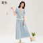 Mutu Bộ Đồ Hai Mảnh Phong Cách Hồng Kông Retro, Denim Short Sleeve with Ren Collar và Eo Cao Chữ A - Perfect cho Mùa Hè
