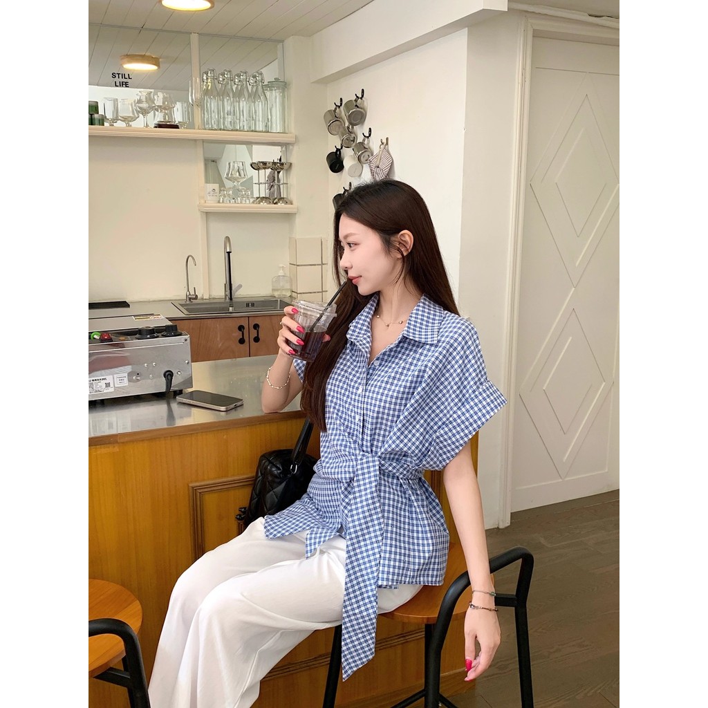 Áo sơ mi cổ ngắn tay cổ điển kiểu Pháp mới dành cho nữ 250813