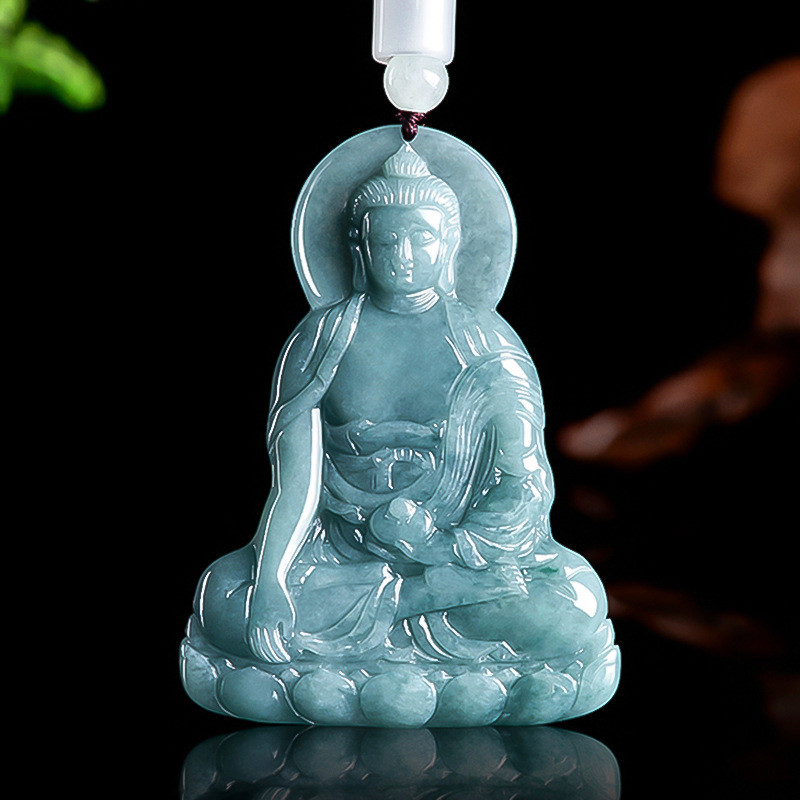 Tự Nhiên Một Hàng Ngọc Xanh Nước A Di Đà Ngọc Mặt Dây Chuyền Tathagata Phật Thần Hộ Mệnh Benming Phật Nam Nữ Mặt Dây Chuyền