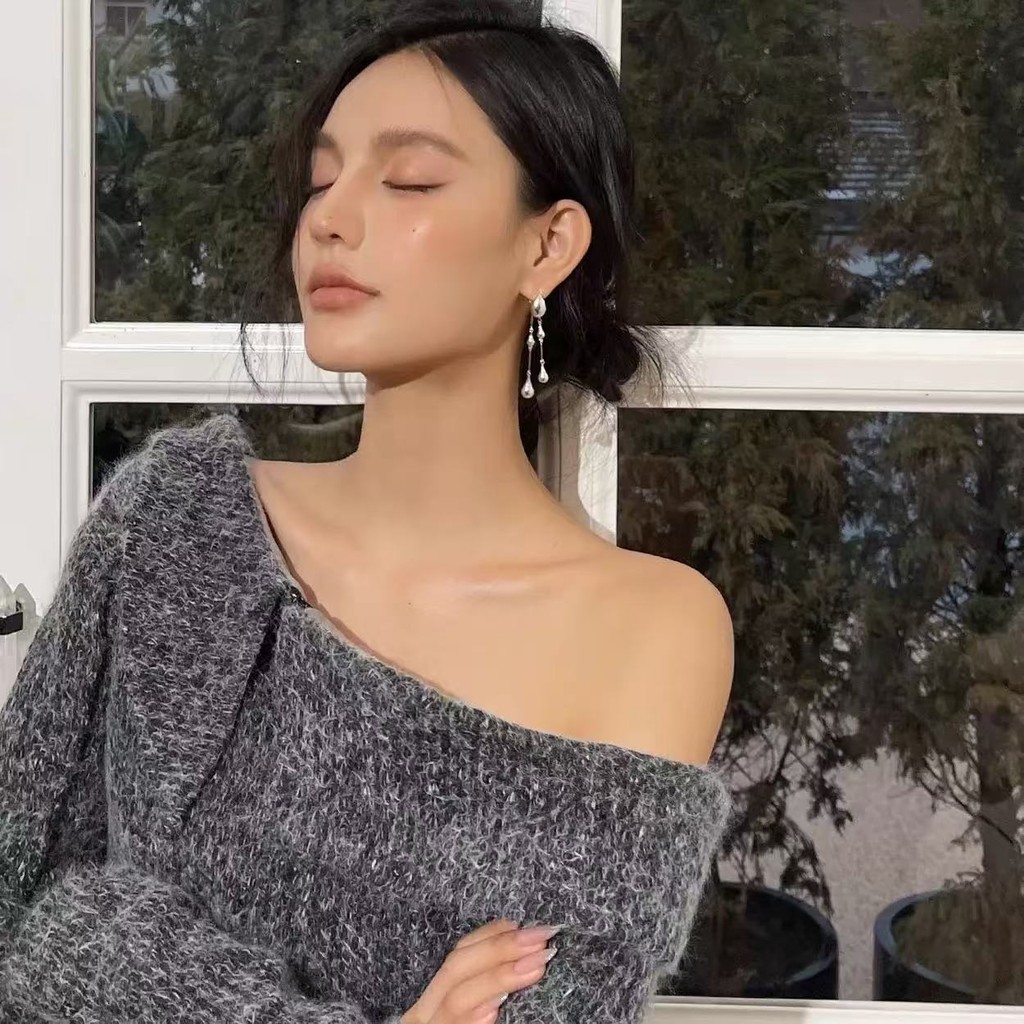 Bông tai tua rua thả nước bằng kim loại bạc dài tinh tế