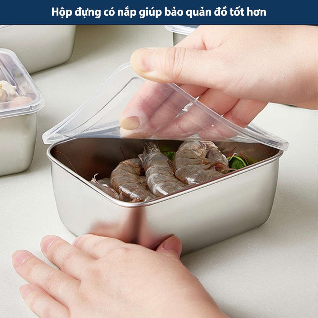 Khay đựng thực phẩm đồ ăn INOX 304 Có nắp đậy, Hộp bảo quản thực phẩm tủ lạnh lò vi sóng