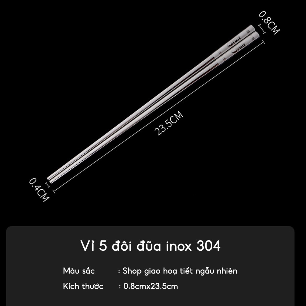 Đũa inox 304 kháng khuẩn chống ẩm mốc Vỉ 5 đôi đũa ăn cơm nấu ăn Nhật Bản chống trơn trượt