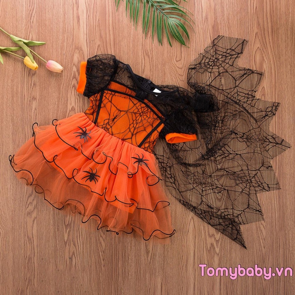 Trẻ Em Bé Gái Dễ Thương Trang Phục Mạng Nhện Không Đều Viền Áo Choàng Tay Ngắn Váy Halloween
