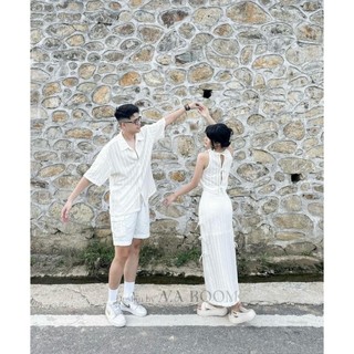 [HÀNG CAO CẤP] Set Đồ Đôi Couple Nam Nữ Trắng Sơ Mi + Áo Sát Nách + Chân Váy Dài