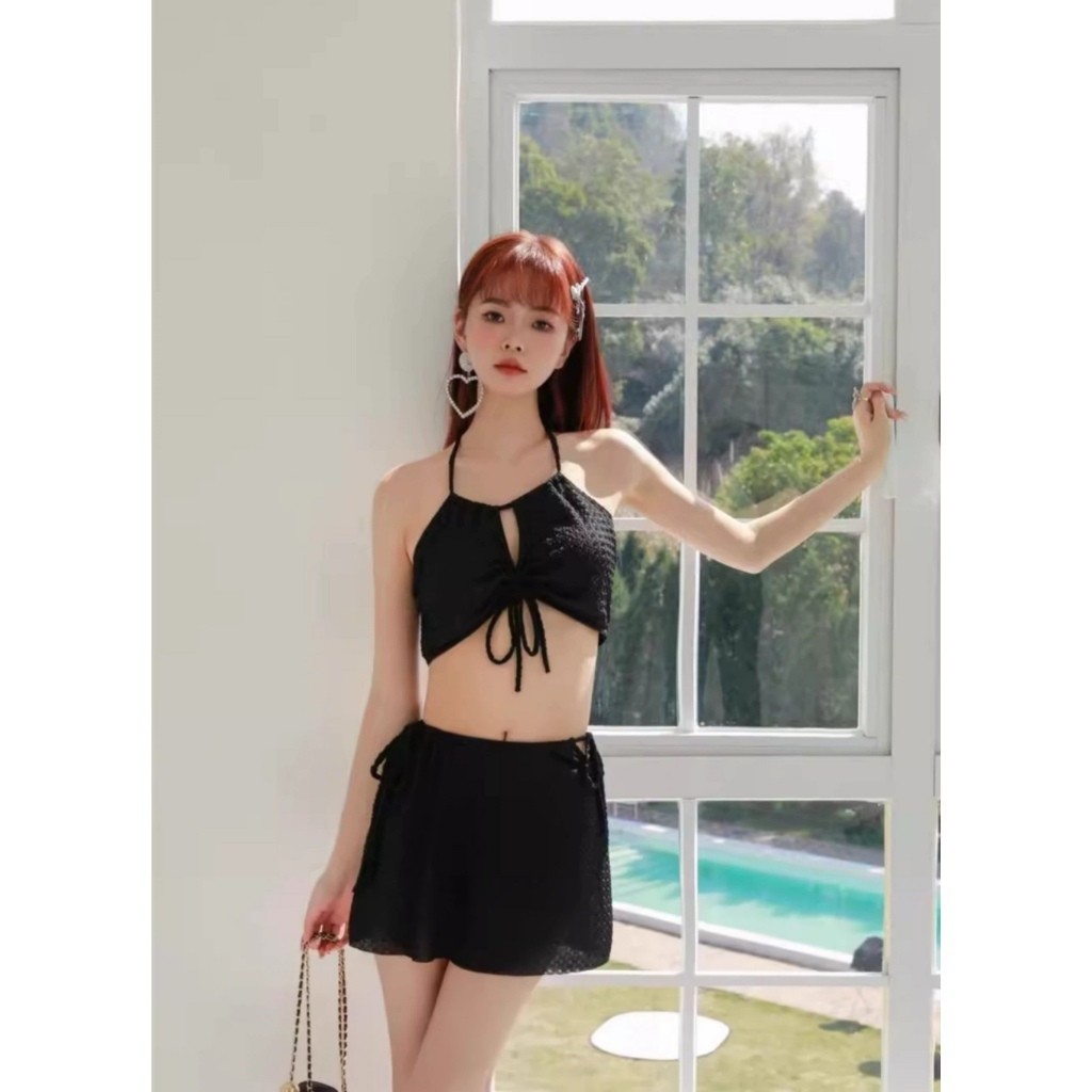 Set bộ đồ bơi bikini áo tắm 3 chi tiết có đệm ngực thiết kế buộc dây phối cổ yếm hottrend XIMIMI BKN46