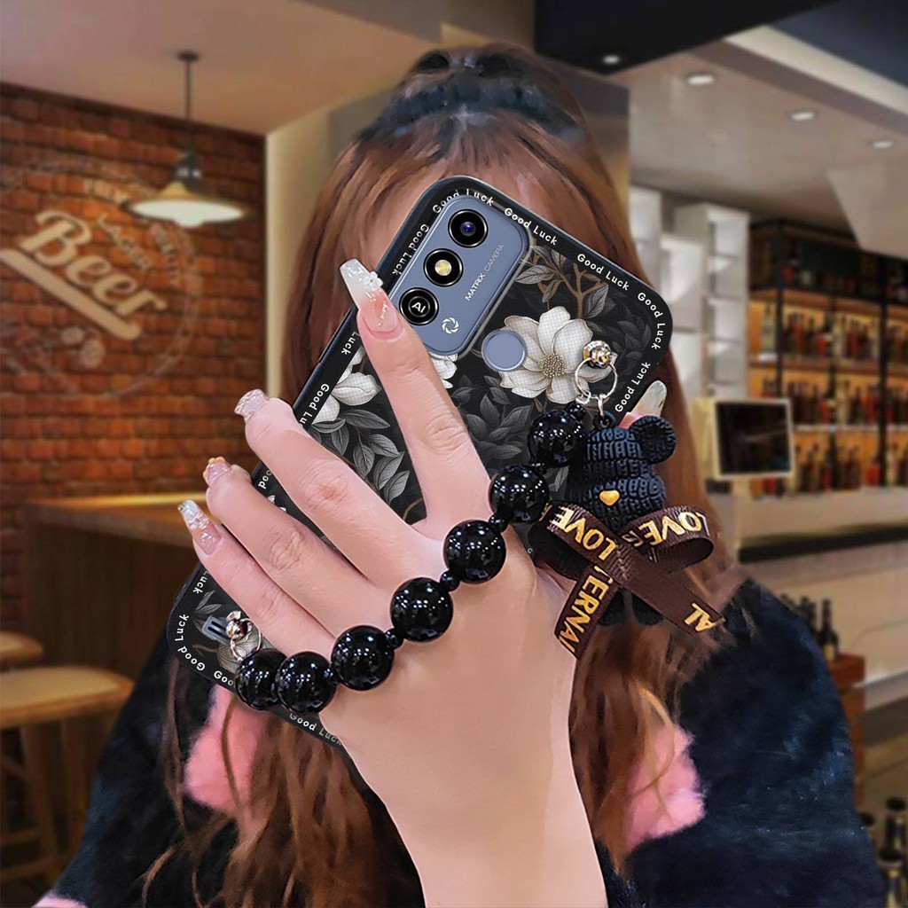 Ốp lưng Chống Va Đập Cho ZTE Blade A53 Cảm Giác Thân Thiện Với Da Hoạt Hình Mặt Dây Chuyền Ngọc Trai Đen Vỏ Bảo Vệ