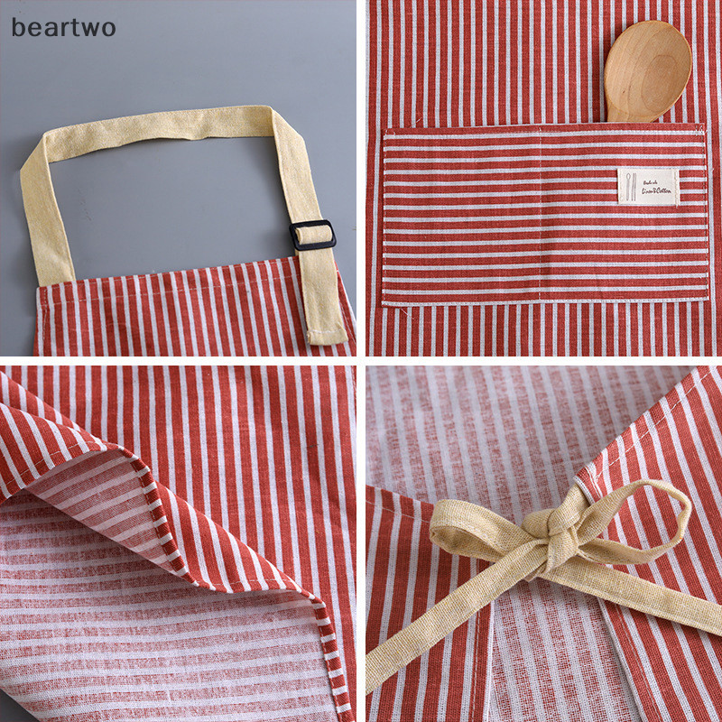 < Beartwo > Tạp dề không tay Tạp dề cổ thoáng khí Nhà hàng Vải lanh Cotton đặc biệt Vệ sinh nhà bếp Tạp dề sọc dọc đẹp