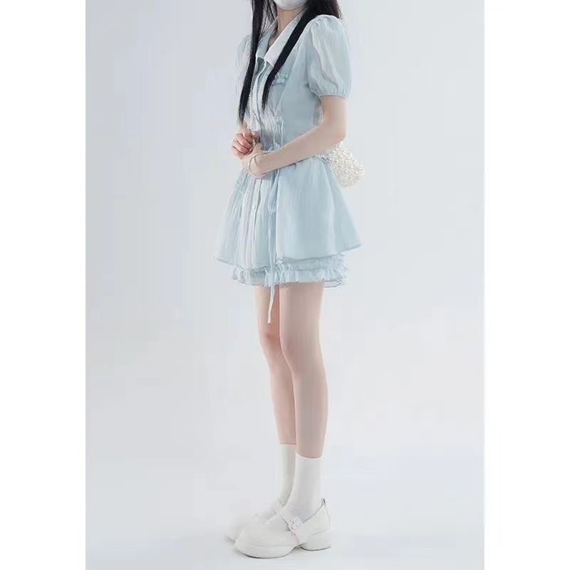 Bộ đồ nữ Thiết kế việt quất Xanh mới ngọt ngào Áo sơ mi ngắn tay + quần Short Bộ đồ hai mảnh eo cao