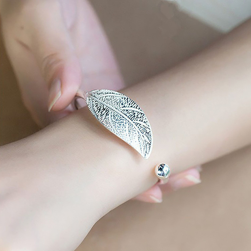 Urmylady Bạc 925 Người Phụ Nữ Vòng Tay Mở Hình Lá Có Thể Điều Chỉnh Charm Lắc Tay Trang Sức