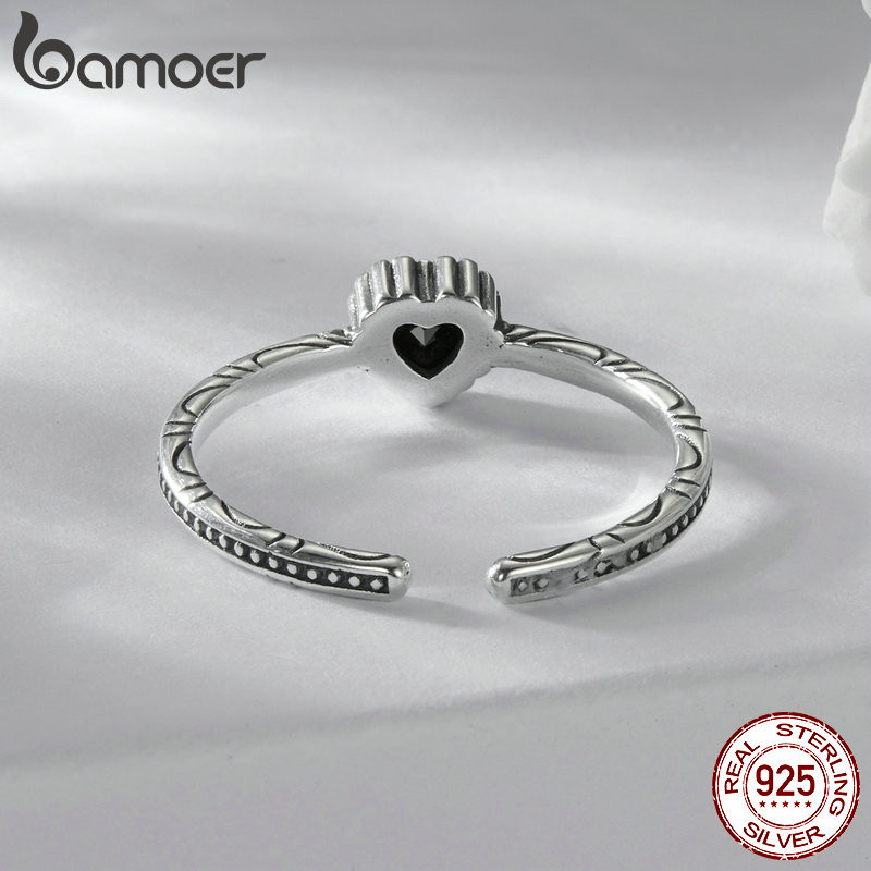 Bamoer 925 Sterling Sliver Nhẫn Có Thể Điều Chỉnh Trái Tim Đen Trang Sức Thời Trang Quà Tặng Cho Nữ