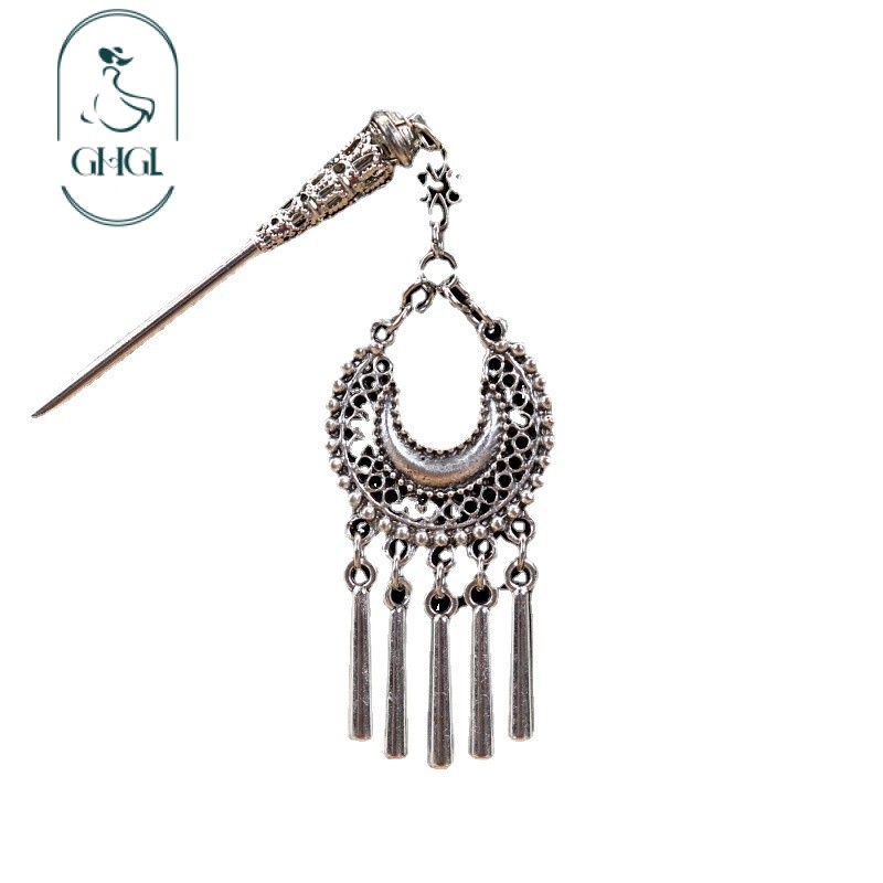 Retro Phong Cách Dân Tộc Tua Rua Kẹp Tóc Miao Bạc Cũ Bước Xoay Kẹp Tóc Hanfu Sườn Xám Mới Phong Cách Trung Hoa Kẹp Tóc Mũ Đội Đầu Du Lịch Phụ Kiện Chụp Ảnh