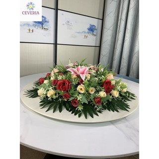 Hoa đặt giữa bàn tròn khách sạn, hoa giả, hoa trang trí, hoa giả, hoa lụa, bàn xoay khách sạn, hoa trang trí bàn bàn họp