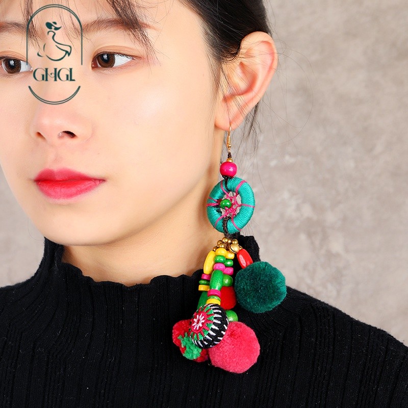 [Ghgl] Hàng có sẵn hs Retro Phong cách dân tộc Màu sắc tương phản Bông tai Pompom Phóng đại độc đáo Kỳ nghỉ Bohemian Tua dài Bông tai sang trọng dành cho nữ
