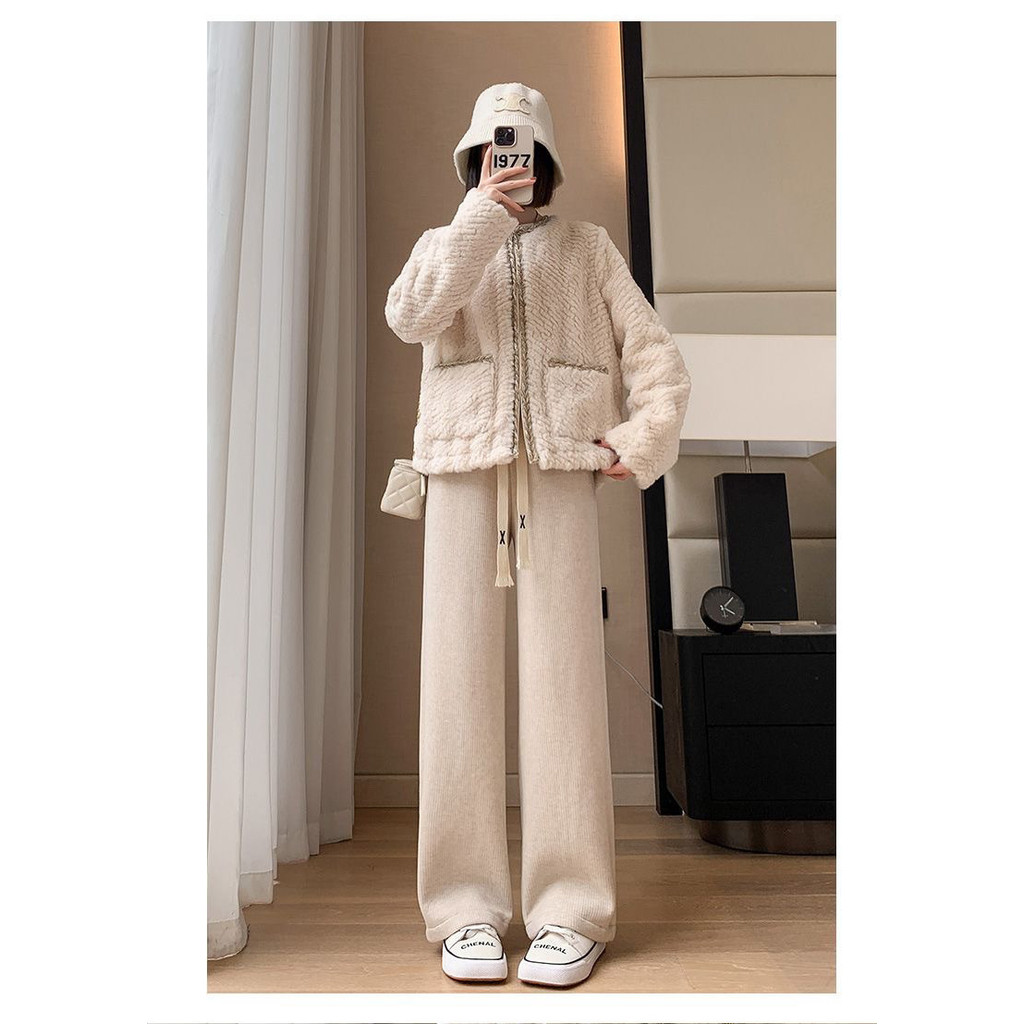 Quần ỐNg RộNg quần giữ nhiệt dệt kim quần thường ngày ống đứng dày dặn lót nhung rộng rãi