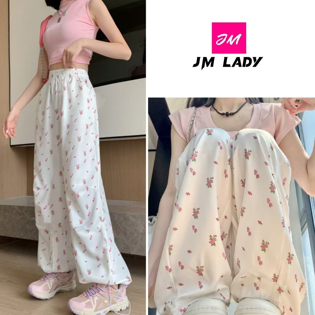 Quần ống rộng hoa nhí Quần yếm hoa quần hoạt hình trắng nữ Mùa hè eo cao ống rộng thẳng buộc kiểu Mỹ Thể thao khô nhanh