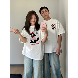 Áo thun ngắn tay 100% cotton dành cho cặp đôi váy mùa hè nữ 2024 mới màu trắng xám dễ thương chó ngắn tay niche rộng rãi nam nữ có cùng mẫu