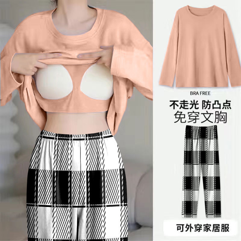 Mùa xuân thu có miếng đệm ngực chống lộ đồ ngủ dài tay rộng rãi dành cho nữ cỡ lớn cộng với kích thước đơn giản phù hợp với đồ mặc nhà có thể mặc bên ngoài