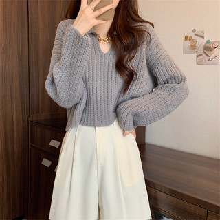 Áo len dáng ngắn màu trắng áo dệt kim dáng nhỏ cổ chữ V phối bên trong mẫu mới mùa thu đông cho nữ