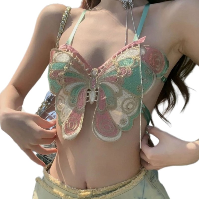 Pealike Halter Backless Camisole với hình bướm thêu dây đeo Áo Vest Clubwear