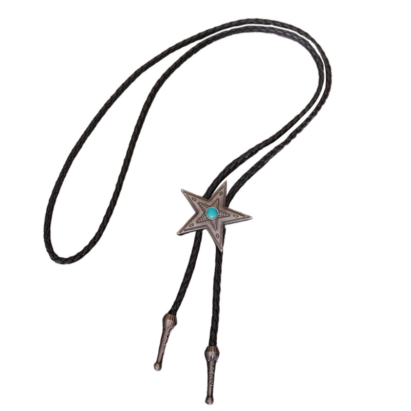 Coo Dây da bện Bolo Tie với kim loại Ngôi sao ngọc lam Mặt dây chuyền cho nam giới Trang phục đồng quê Cà vạt có thể điều chỉnh cà vạt cà vạt cà vạt