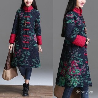 Váy liền sườn xám mùa xuân, mùa thu và mùa đông mẫu mới retro phong cách dân tộc vải cotton và vải lanh áo khoác đệm giữa dáng dài cho mẹ trung niên và cao tuổi Áo khoác đệm