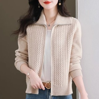Mùa Xuân Thu Phong Cách Mới Xoắn Áo Len Cardigan Nữ Đỏ Rời Ve Áo Dài Tay Dệt Kim Dây Kéo Áo