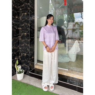 Thời trang nữ truyền thống cổ tàu vải gấm (không quần), áo lam đi chùa