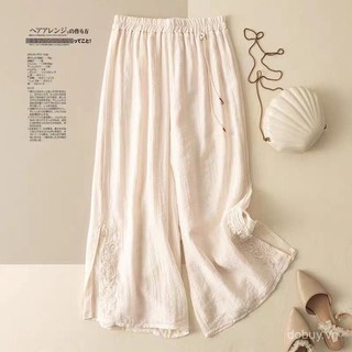 Quần vải lanh cotton mỏng co giãn dành cho nữ, họa tiết thêu retro, phù hợp mùa hè 2025