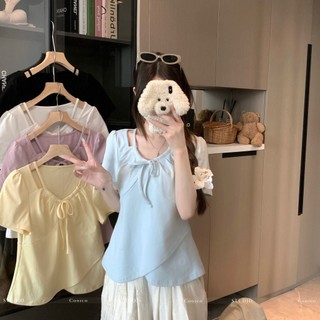 [Áo thun tay phồng phong cách Hàn Quốc nhiều màu cảm giác nữ tính] Áo cỡ lớn dành cho nữ Áo sơ mi nhỏ thông thường thiết kế không đều Áo thun ngắn tay nữ mùa hè béo mm dáng rộng mỏng hơn Vỏ bọc thịt Áo hơi béo cỡ lớn dành cho nữ