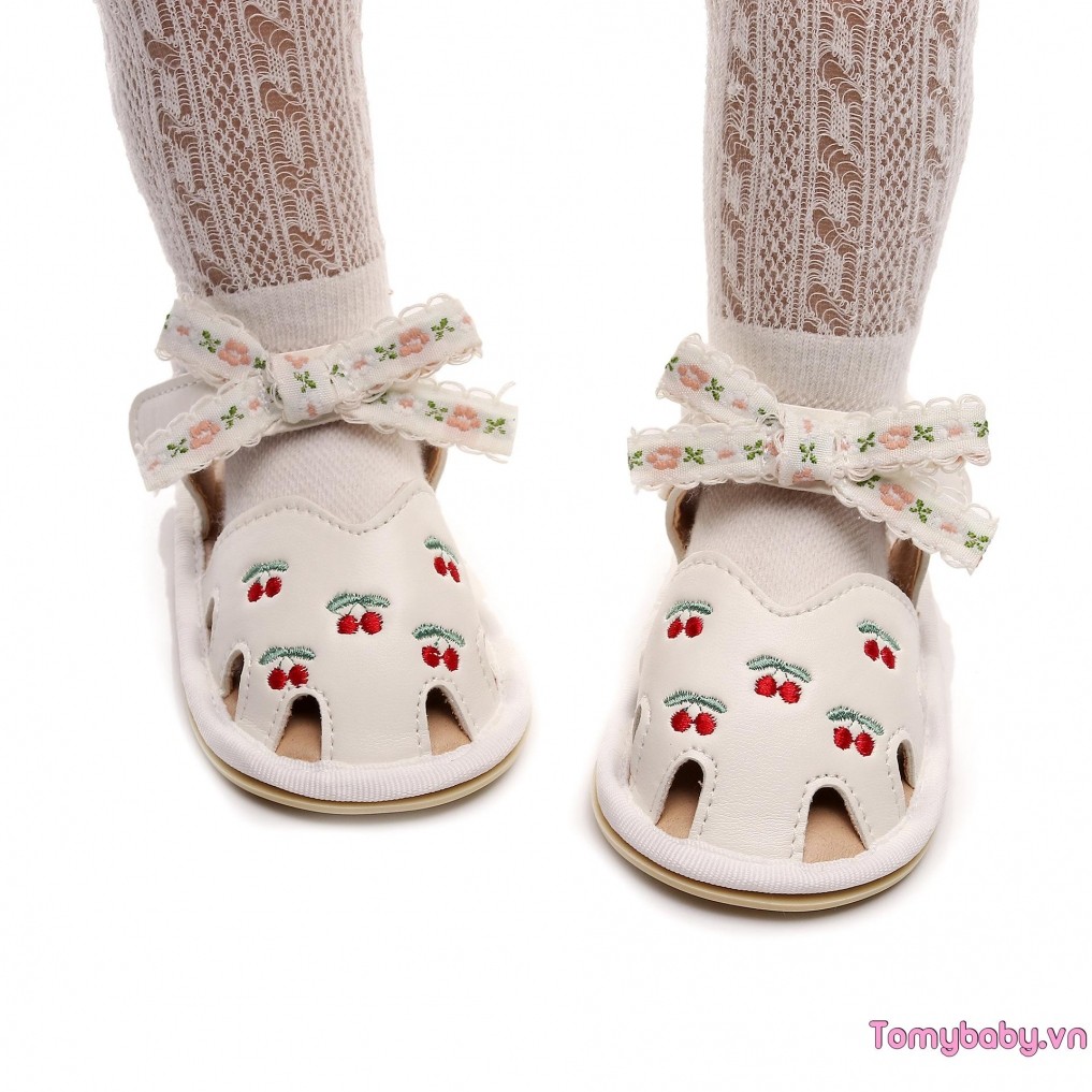 Xăng đan Bé Gái Da PU Linh Hoạt Chống Trơn Trượt Bowknot Cherry Mùa Hè Giày Thường Ngày