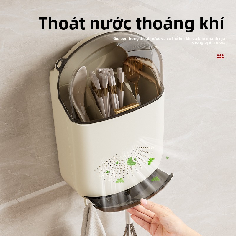 Ống đũa không khoan treo tường | Hộp đựng đũa thìa bằng nhựa thoát nước | Giá treo đũa đa năng tiện lích