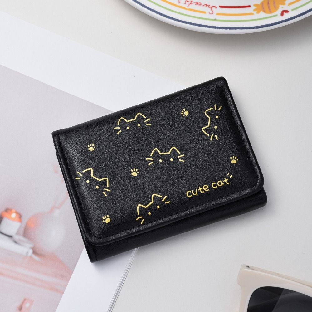 [DEMO3] Ví in hình mèo con, 3 lần Ví nhỏ ngắn dễ thương cho chó con dễ thương, Ví đựng tiền xu phong cách PU cổ điển dành cho bé gái Quà tặng học sinh