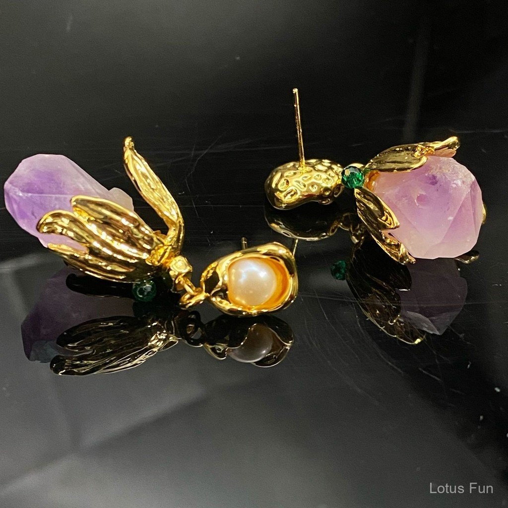 Mạ đồng bông tai vàng 18K với pha lê hình trái cây và hoa oải hương - Tinh tế ngọt ngào dành cho các cô gái