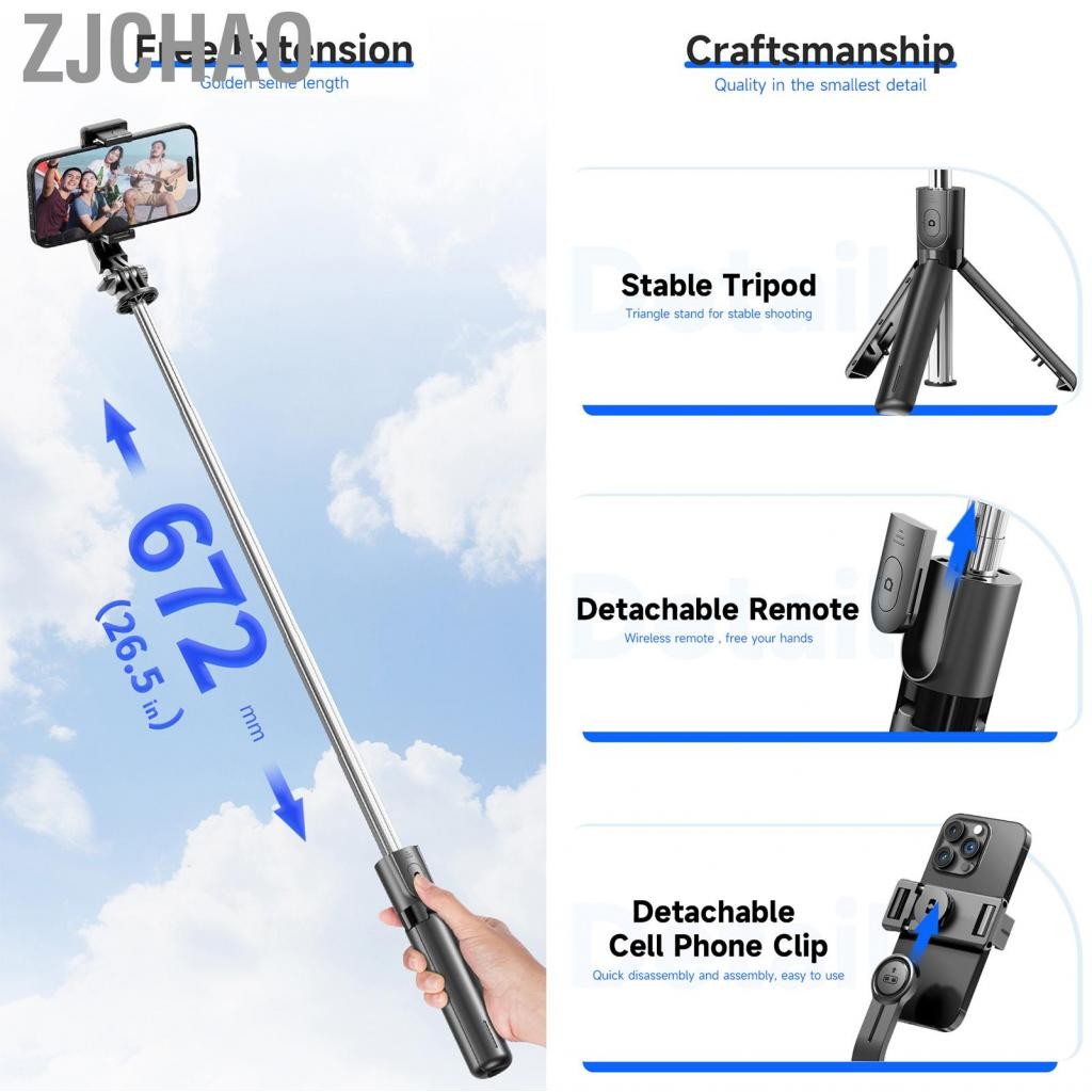 Zjchao Chân máy selfie có thể mở rộng cho điện thoại chiều dài tối đa 67.2cm/26.5in với clip có thể tháo rời từ xa màn trập vlog phát trực tiếp nhóm ảnh