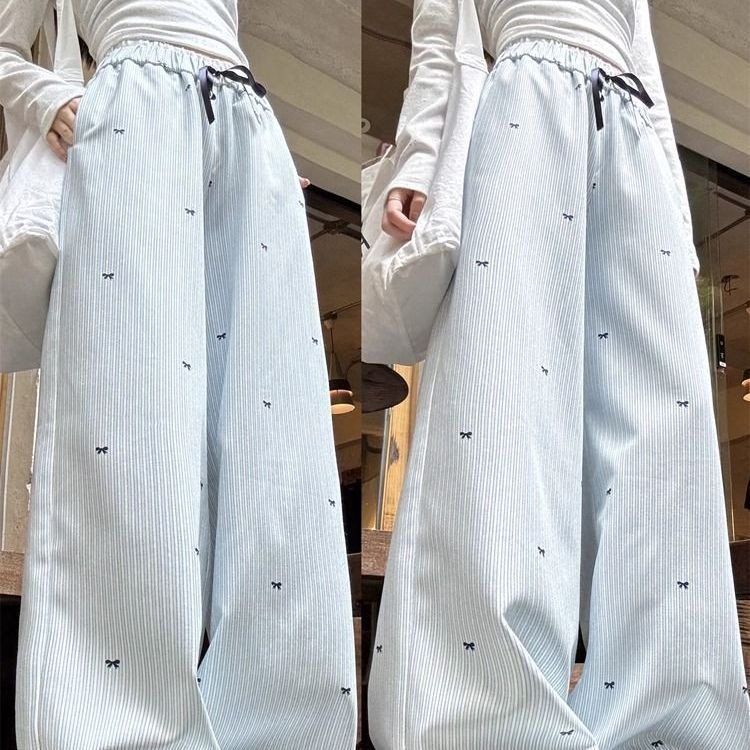Quần ống rộng sọc xanh phong cách Hàn Quốc dành cho nữ phong cách Preppy cạp cao in nơ thẳng