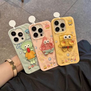 Vỏ họa tiết thiên thạch SpongeBob SquarePants dễ thương + Giá đỡ cho IPhone 11 13 16 12 14 15 Pro Max Plus Vỏ điện thoại màu trơn Màu kẹo Chống sốc Sáng tạo Vỏ thiết kế mới