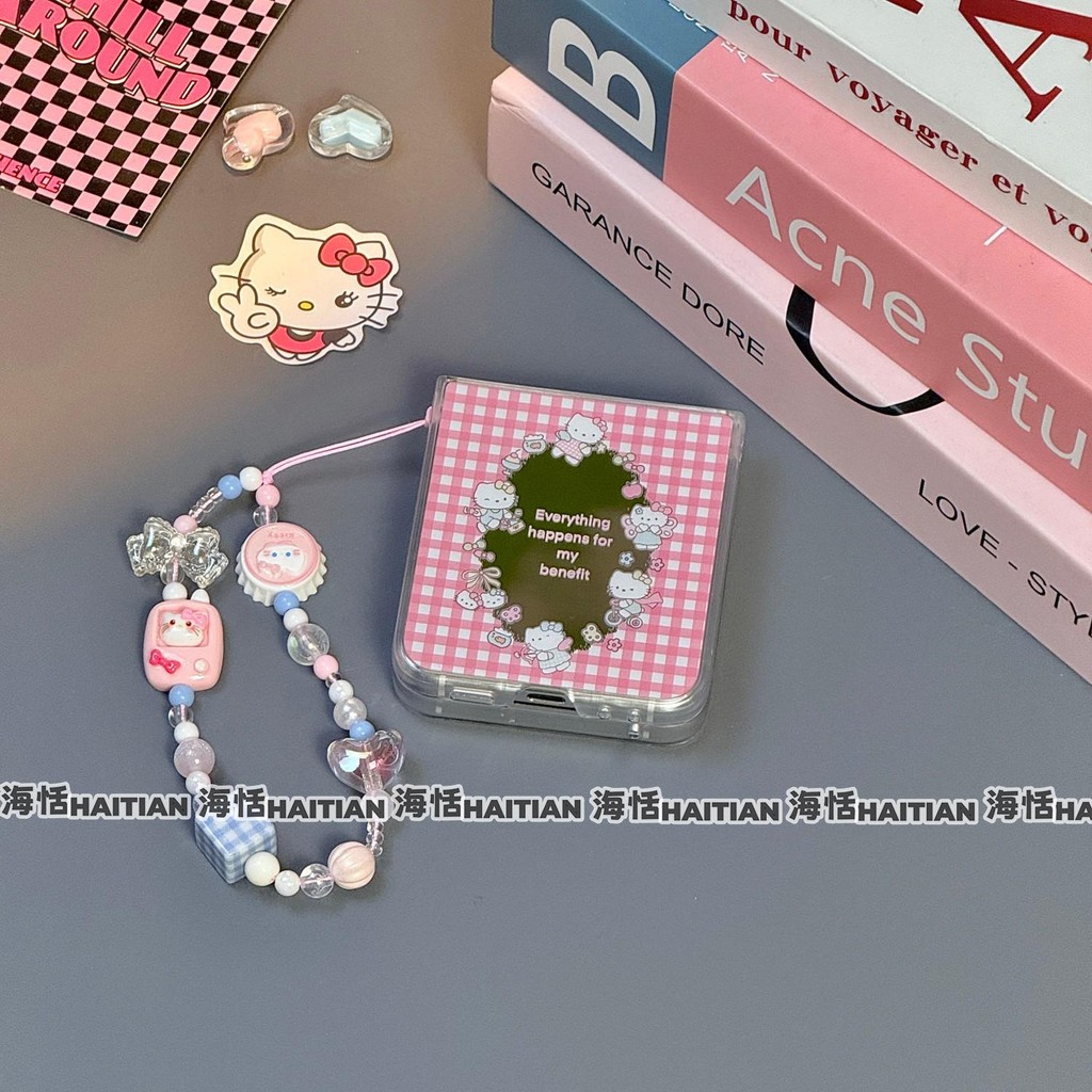Gương Màu Hồng Checkered Kitty Vòng Tay Thích Hợp Cho Samsung Galaxy Zflip7 Vỏ Điện Thoại Hoạt Hình Dễ Thương Dây Gấp Vỏ Cho ZFlip 7 6 5 4 5G N3flip Mixflip Vỏ Bảo Vệ