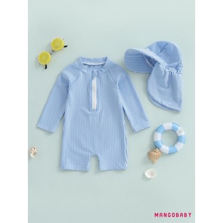 MG-Kids Bé Trai Dài Tay Đồ Bơi Mùa Hè Sọc In Dây Kéo Rash Guard Đồ Bơi Và Mũ Đi Biển Bộ Đồ Tắm