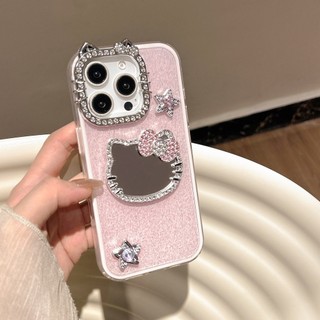 Sang Trọng Kim Cương Ống Kính Mèo Kitty Gương Ngôi Sao Lấp Lánh Bột 2in1 Ốp Lưng Điện Thoại iPhone 17Promax 16Promax 12 13 14 15 Pro Max 16Plus Silicon Chống Sốc Nữ Vỏ Di Động