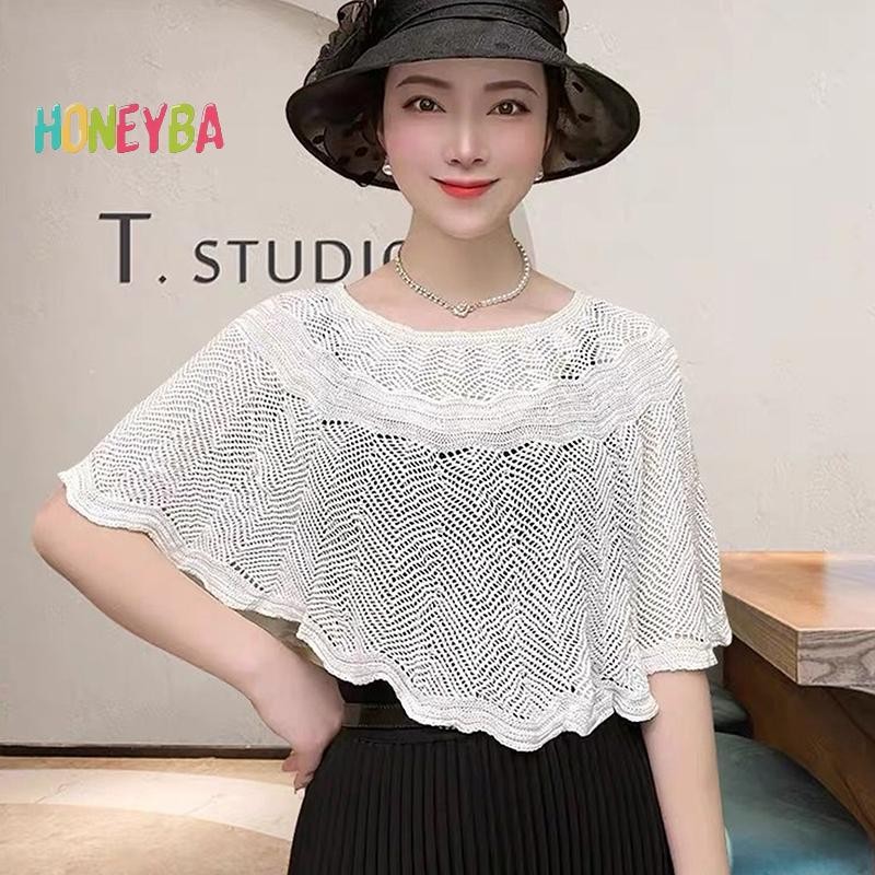 < Honeyba > Khăn choàng Cotton rỗng dệt kim dành cho nữ Áo mùa hè thu thanh lịch dành cho nữ Áo choàng chống nắng cho nữ