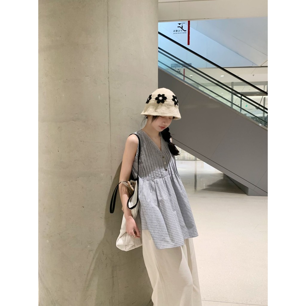 [YU]Bộ vest không tay sọc xanh kiểu Nhật, kết hợp quần ống rộng, thiết kế mát mẻ mùa hè.