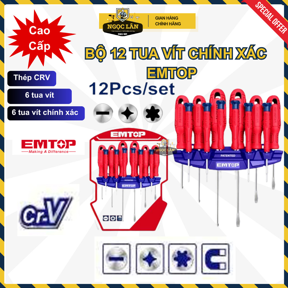 [Chính hãng] Bộ tua vít 12 tua vít EMTOP tua vít chính xác thép CRV có từ tính cao cấp