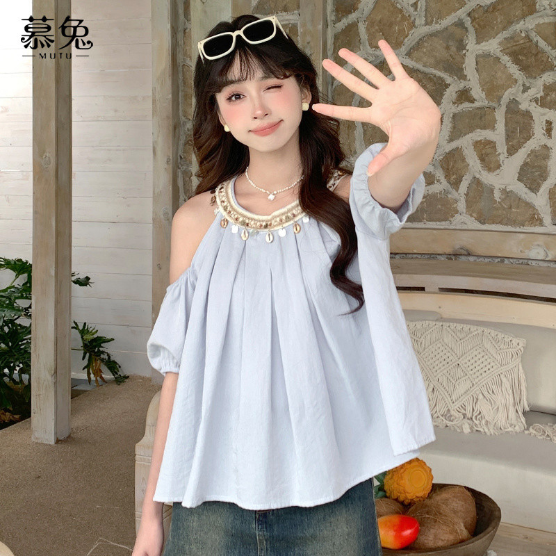 Mutu Pháp Dây Tắt Vai Cổ Tròn Tay Ngắn Nữ Mùa Hè 2026 Phong Cách Mới Thiết Kế Niche Sequins Ngày Lễ Phong Cách Hàng Đầu