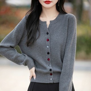 Áo cardigan len dệt kim dáng rộng màu xám phù hợp Xuân Thu Đông