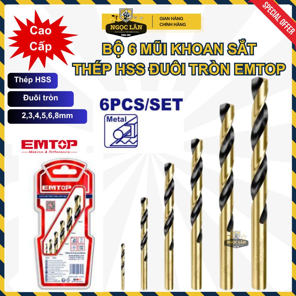 [Chính hãng[ Bộ 6 Mũi Khoan sắt EMTOP thép HSS Đuôi Tròn cao cấp (mã ETDBB11065)