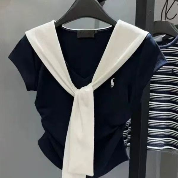 Milyfashion Cổ Hải Quân Chính Hãng Vai Thêu Tay Ngắn T Mùa Hè Phong Cách Mới Khăn Choàng Thiết Kế Niche Ngắn Top Quần Áo Nữ