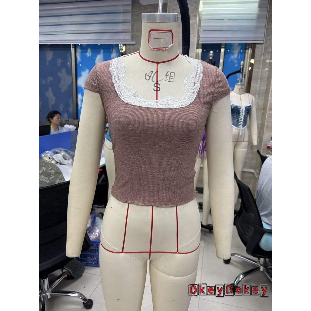 OKDK-Nữ Y2K Ren Viền Crop Top Tay Ngắn Cổ Vuông Ruffle Hem Bé Tee