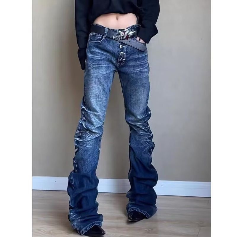Quần jeans nam ống loe nút bấm retro, dáng ôm nhẹ thời trang