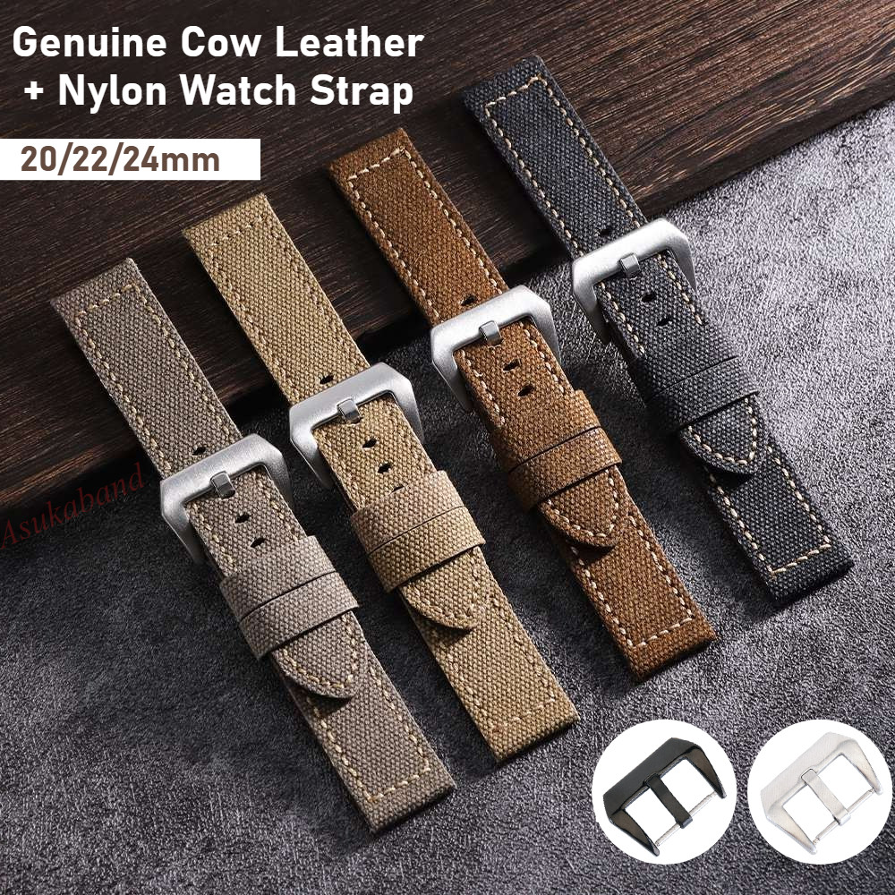 Vintage Vải Da Dây Đeo Đồng Hồ 20mm 22mm 24mm Flax Nylon Chính Hãng Da Bò Đồng Hồ Vòng Tay Dành Cho Nam Nữ Vải Đen Dây Đeo Đồng Hồ Đa Năng Thay Thế