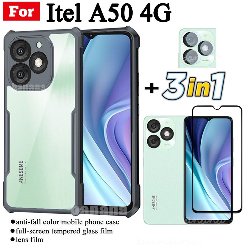 Ốp điện thoại di động chống rơi 3 TRONG 1 Itel A50 4G cho Itel A 50 A5 0 Phim kính cường lực + Phim ống kính A70 RS4 S24 S23 P55